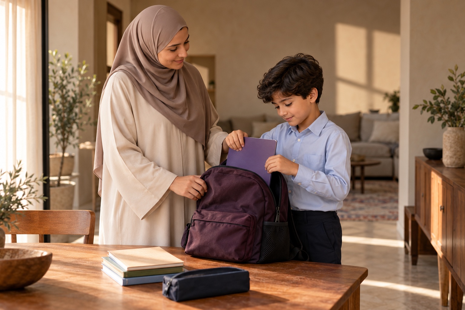 Illustration d’une mère en hijab et de son fils préparant son cartable à la maison.